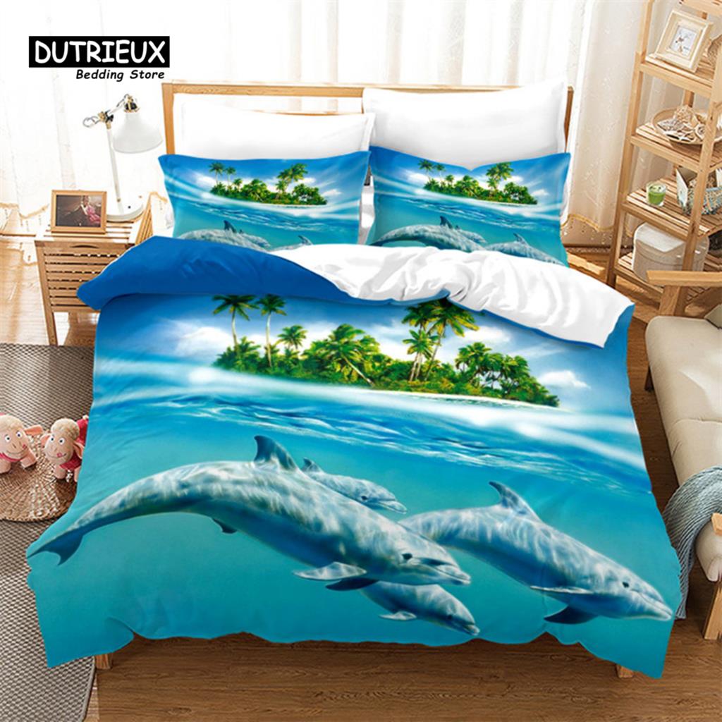 Fish Sea Turtle Duvet Cover Jellyfish Seashell Starfish Bedding Set Microfiber Marine Theme Quilt Cover Twin Full For Kids Adult