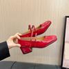 Fashion 2024 Spring Women Mary Jane Shoes Ladies Fashion Shallow Square Toe Thick High Heel Women's Elegant Red Ballerinas Party Shoes