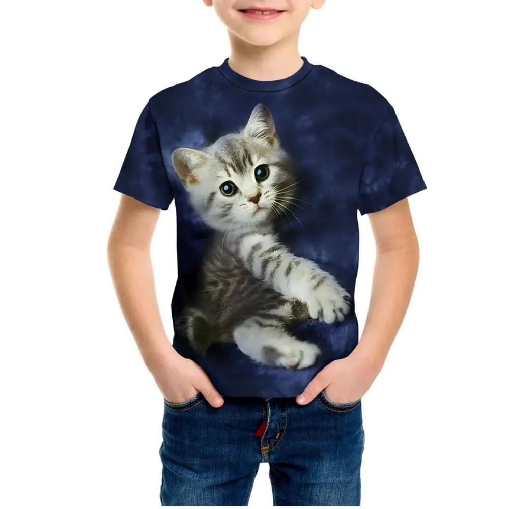 Детская одежда Летняя с короткими рукавами 3D-принт Графика крутого кота Уличная мода для прогулок Детская для мальчика
