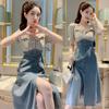 Fashionable Denim Patchwork Dress with Square Neck for Women’s Summer Slim Waist Design
