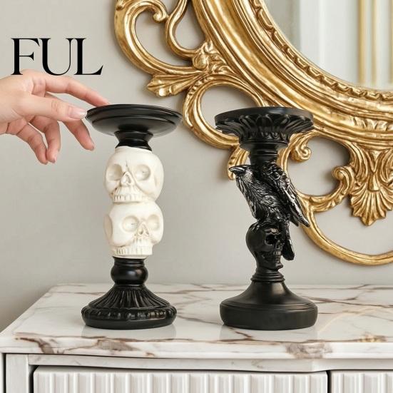 Black Matte Tabletop Decor Gothic Candlestick Holder, Halloween Resin Raven Skull Pillar Candle Goth Room Accessories Vintage Spooky Taper Stand