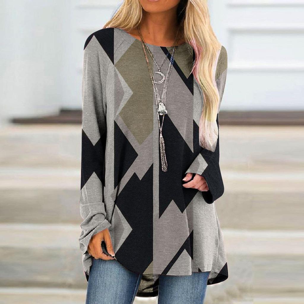 Women's Fashion Casual Irregular Patchwork Color Print Loose Medium Long Long Sleeve Top
