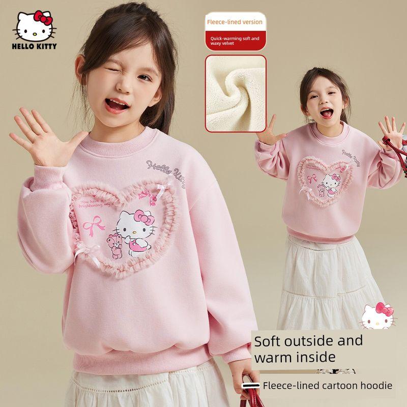 Girls' Autumn and Winter Fleece Sweatshirt 2025 New Style for Older Children, Energetic Heart-Shaped Mesh Thickened Warm Sweatshirt