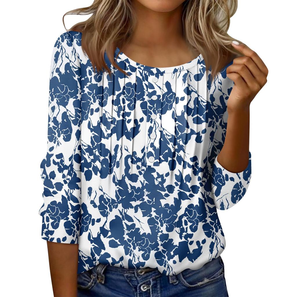 Women's Round Neck Pull Stripe Decorative Button Top Casual Solid Color 3/4 Sleeve T Shirt