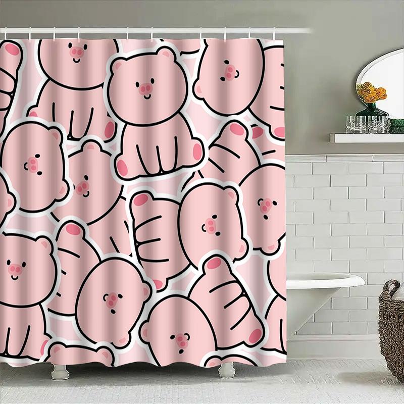 Adorable Pink Cartoon Bear Print Shower Curtain Decorative Home Bath Decoration 3D Waterproof Bathroom Accessories