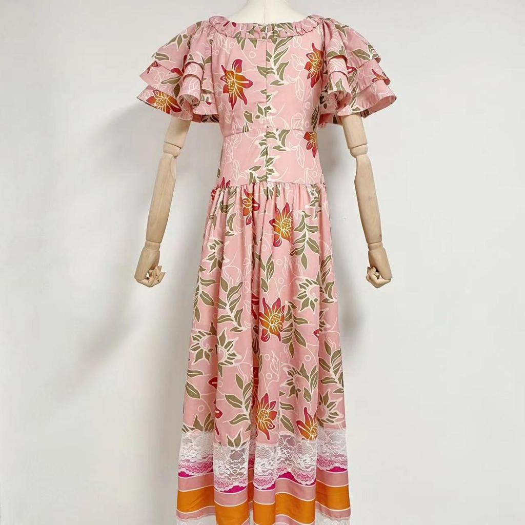Australian Niche 2024 Spring Lightweight Printed Long Dress with Flutter Sleeves for Women