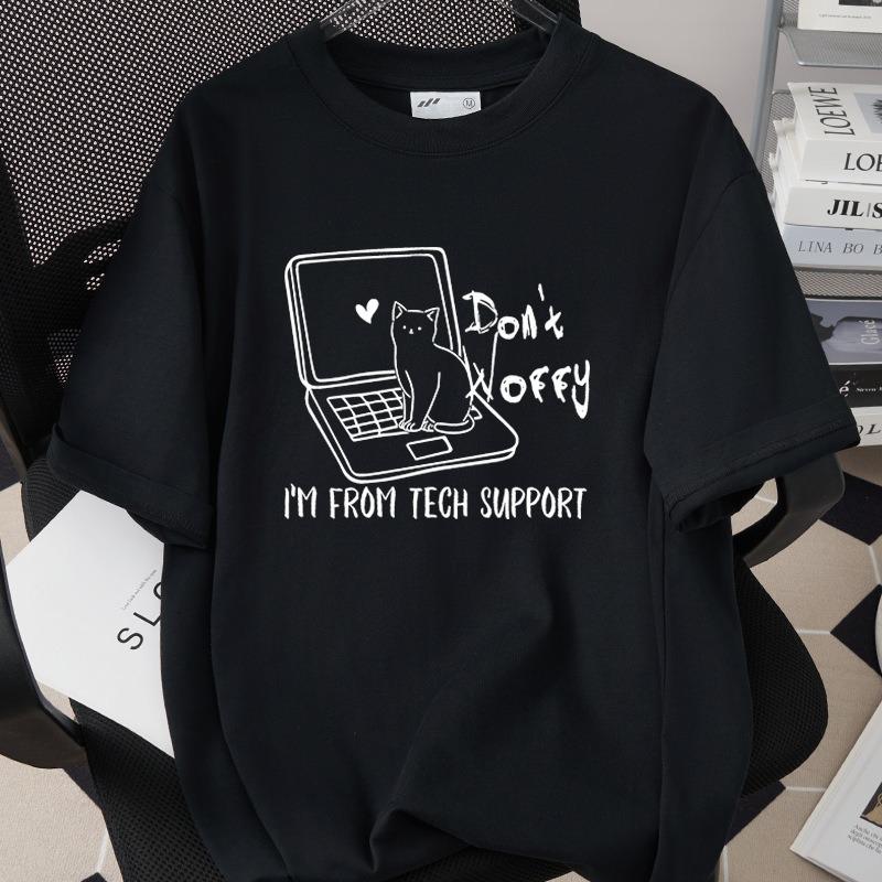 Tech Cat Short Sleeve Tshirt Black American English Cartoon Pattern Cat Casual Top Daily Versatile Commuter Home Clothes