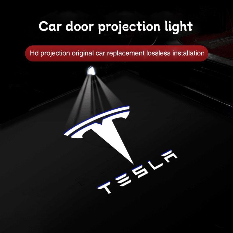 TKVLN1 2Pcs HD LED Car Door Projector Lights Auto Logos Welcome Lamp For Tesla Model 3 Model S Model X Model Y Cybertruck Roadster