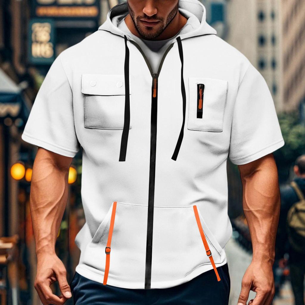 Men's Casual Short-sleeved Sweatshirt. Loose And Breathable Solid-color Sweatshirt Jacket With Multiple Pockets And A Zipper.