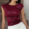 Женская футболка с круглым вырезом и коротким рукавом, топы с пайетками, открытая спина, облегающий крой, сексуальные топы для вечеринок, повседневная одежда