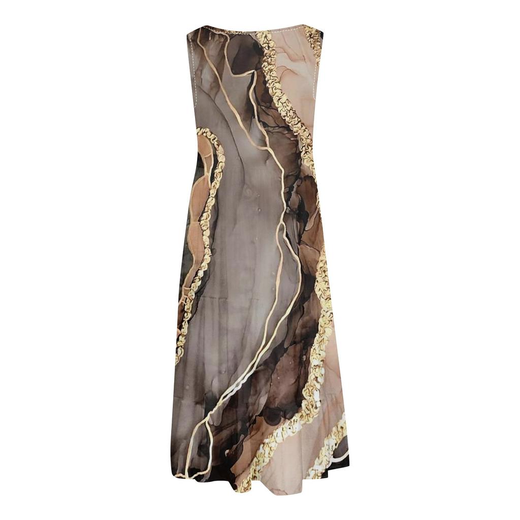 Женские платья-жилеты Лето-весна Плиссированные богемные платья Симпатичные струящиеся пляжные платья без рукавов Прямая футболка Платья-майки Платья с круглым вырезом