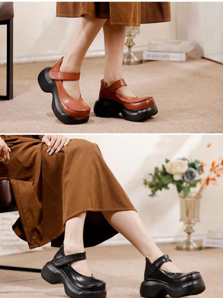 Johnature Женские туфли на платформе с толстой подошвой, ретро, натуральная кожа, круглый носок, универсальные