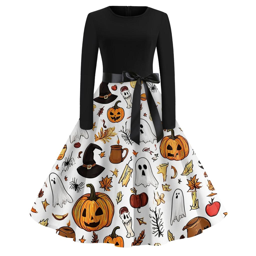 Women Casual Vintage Halloween Print Dress Long Sleeve Round Neck Retro Fit and Flare Midi Dress with Waist Tie Belt