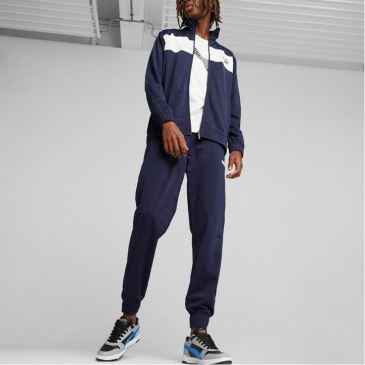Puma Поликостюм Цветной блок Воротник-стойка Верх на молнии и брюки с манжетами Флисовый Повседневный Спортивный комплект Мужской костюм Темно-синий 678477-06
