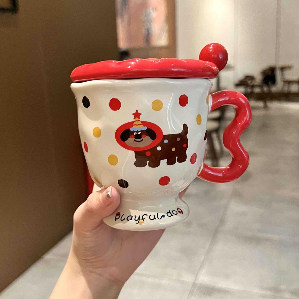 Кружка с крышкой для девочек «Высокая ценность груди Фуфу Милый котенок в горошек» Керамическая чашка Подарок на день рождения Сувенир