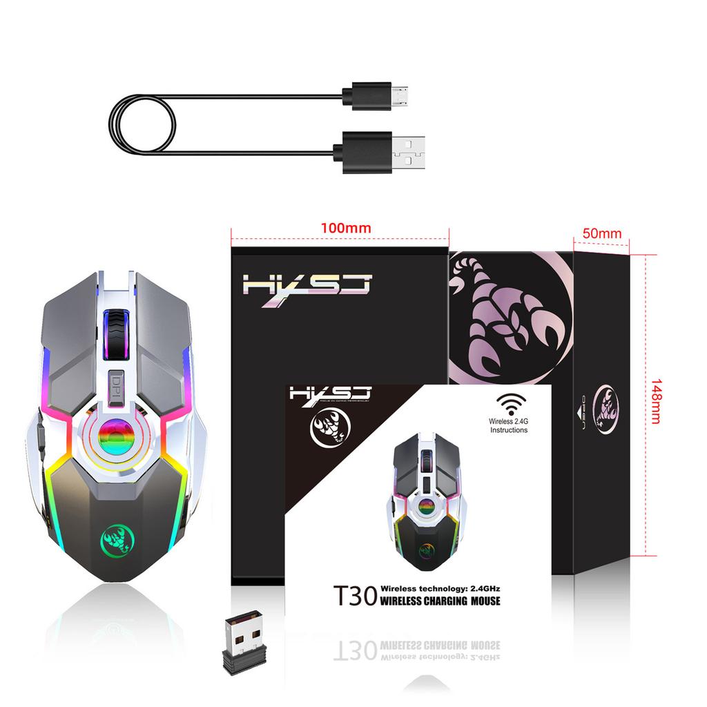 HXSJ T30 Wireless Mouse 2.4G USB Receiver with 5 Backlit RGB Mode Mechanical Gaming Mouse for PC