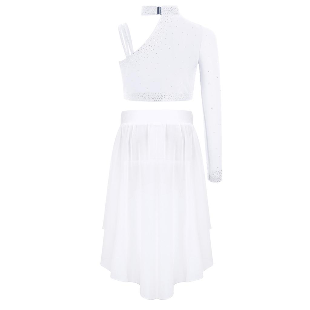 Girls Dance Costume Set Sparkly Rhinestones Crop Top with High-Low Chiffon Skirt