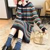 Hooded Dress Women Autumn Striped Mid-Length Lace Knit Dress Warm Long Sleeve Stretchy Cozy Sweater Dresses