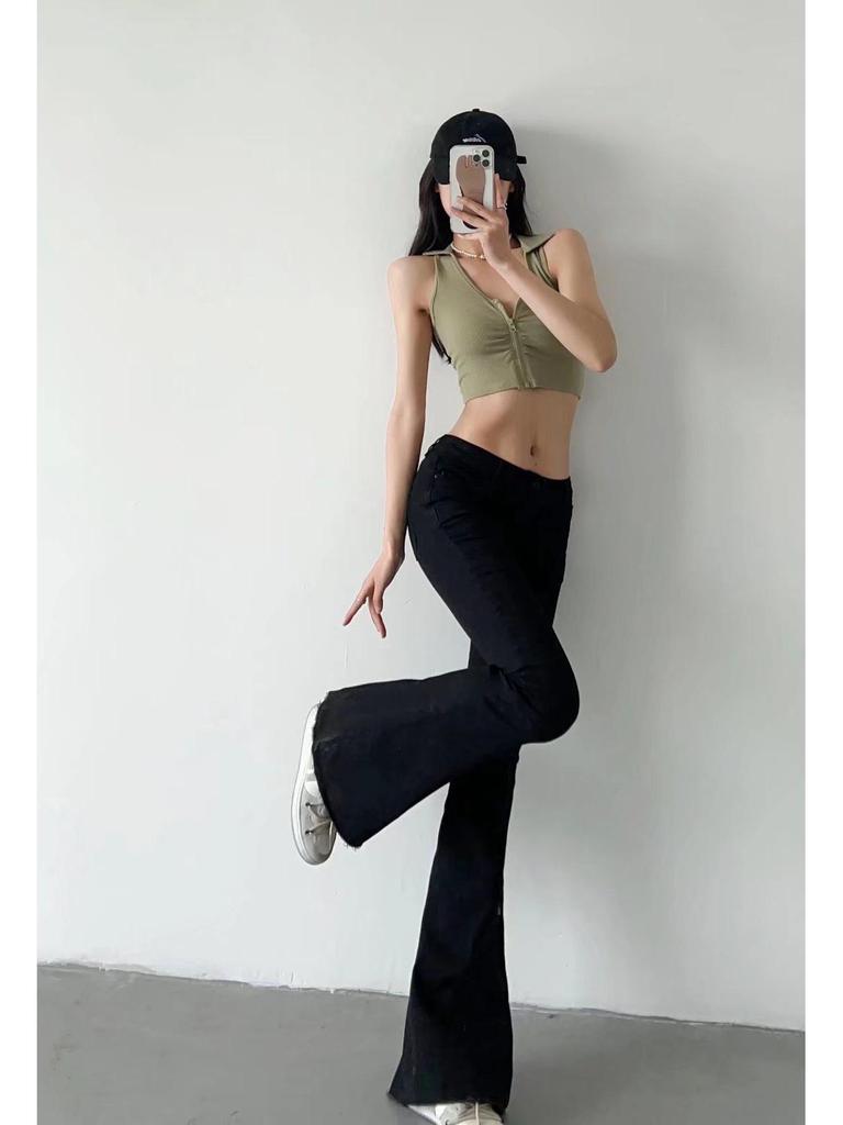 2024 Early Autumn Low-Waisted Slim Fit Flare Jeans for Women with Washed Frayed Hem.