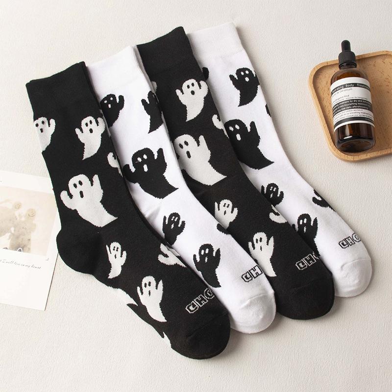 1Pair Halloween Middle Tube Socks Cute Cartoon Ghost Socks Unisex Autumn Winter Warm Socks Couple Gifts