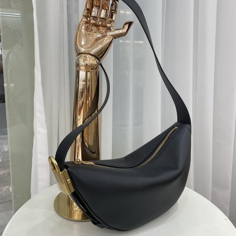 Womens Leather Crescent Shoulder Bag Lock Clasp Handbag Crossbody Medium Size