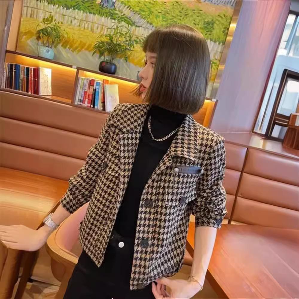 МОДНОЕ короткое пальто женское 2024 зима новый маленький мужской универсальный тысяча птиц сетка маленький ароматный куртка иностранный повседневный топ