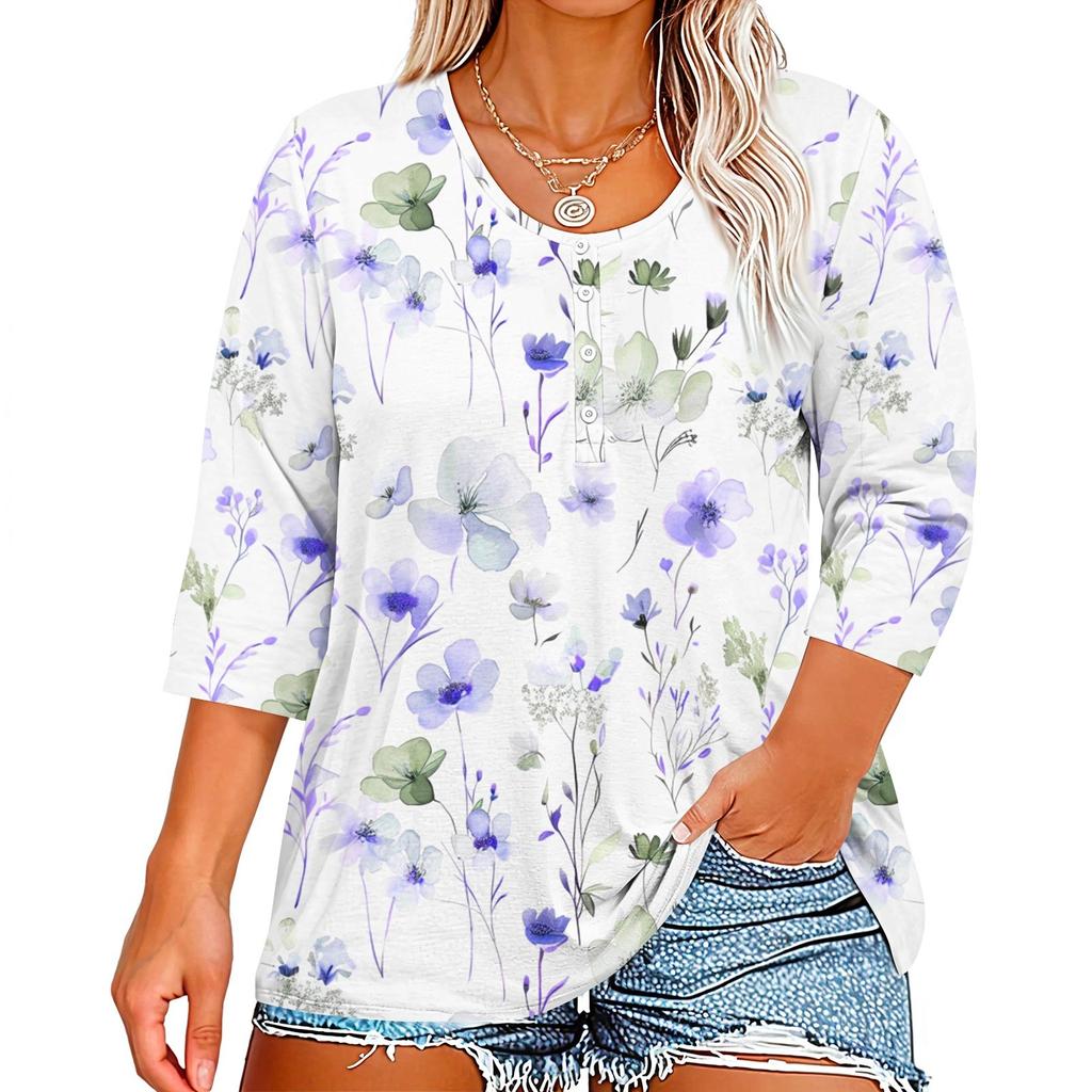3/4 Sleeve Shirts For Women Print Graphic Tees Button V-neck Blouses Casual Plus Size Basic Tops Pullover