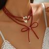 Red Beaded Bow Necklace Light Luxury Niche Design Sense Stacked Wearing Love Pearl Jewelry Necklace