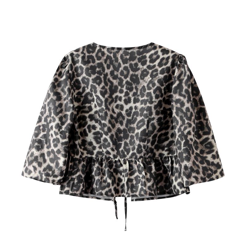 Рубашки на шнуровке с леопардовым принтом, женские, свободные, с рукавами-фонариками, короткая блузка, большой размер, повседневный топ с круглым вырезом, летняя, новая мода