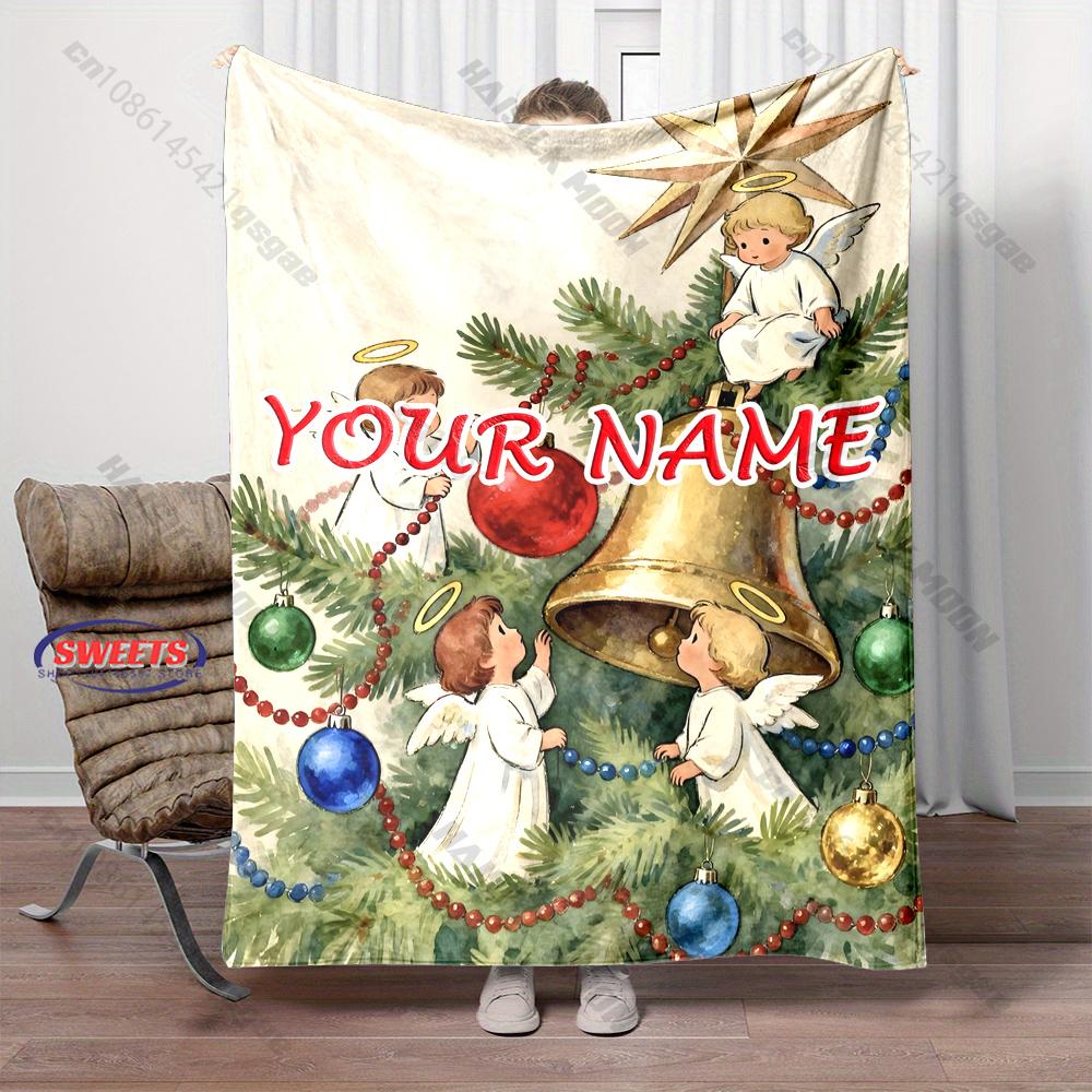 Custom Name Angel Christmas Blanket Retro Watercolor Cherub Golden Bell Flannel Throw Blanket Traditional Xmas Decor