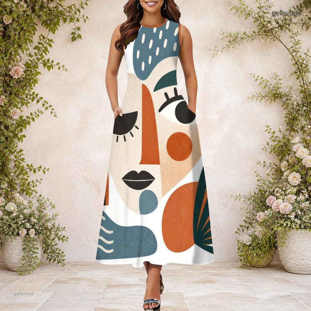Women Plus Size Round Neck Sleeveless Abstract Printed A Line Maxi Dress With Side Pockets
