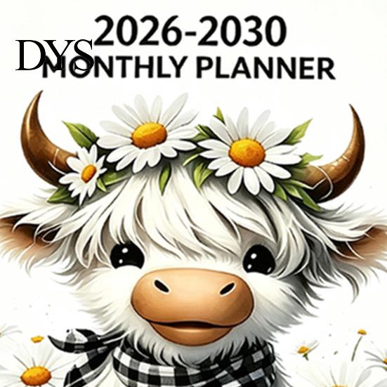 Инструмент долгосрочного планирования для профессионалов 2026?2030 5?Годовой месячный планировщик, Календарь-блокнот с милой обложкой в виде шотландской коровы, Планировщик организованной жизни