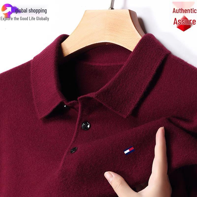 Оригинальный мужской джемпер Tommy из кашемира с длинным рукавом - Однотонный, с вышивкой, с воротником, большого размера, универсальный вязаный базовый слой.