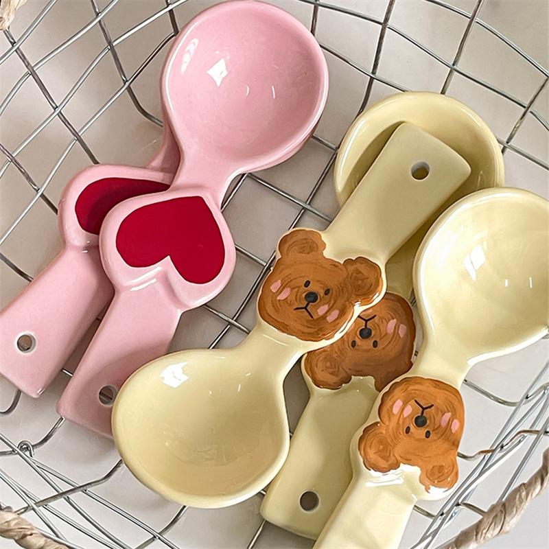 New Korean Style Cute Bear Heart Ceramic Spoon High Appearance Level Girlish Dessert Spoon Kids Rice Soup Scoop Tableware Gift