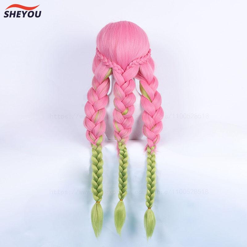 Anime Mitsuri Kanroji Cosplay Wig Long Pink Green Braid Heat Resistant Hair Authentic Cosplay Wigs + Wig Cap