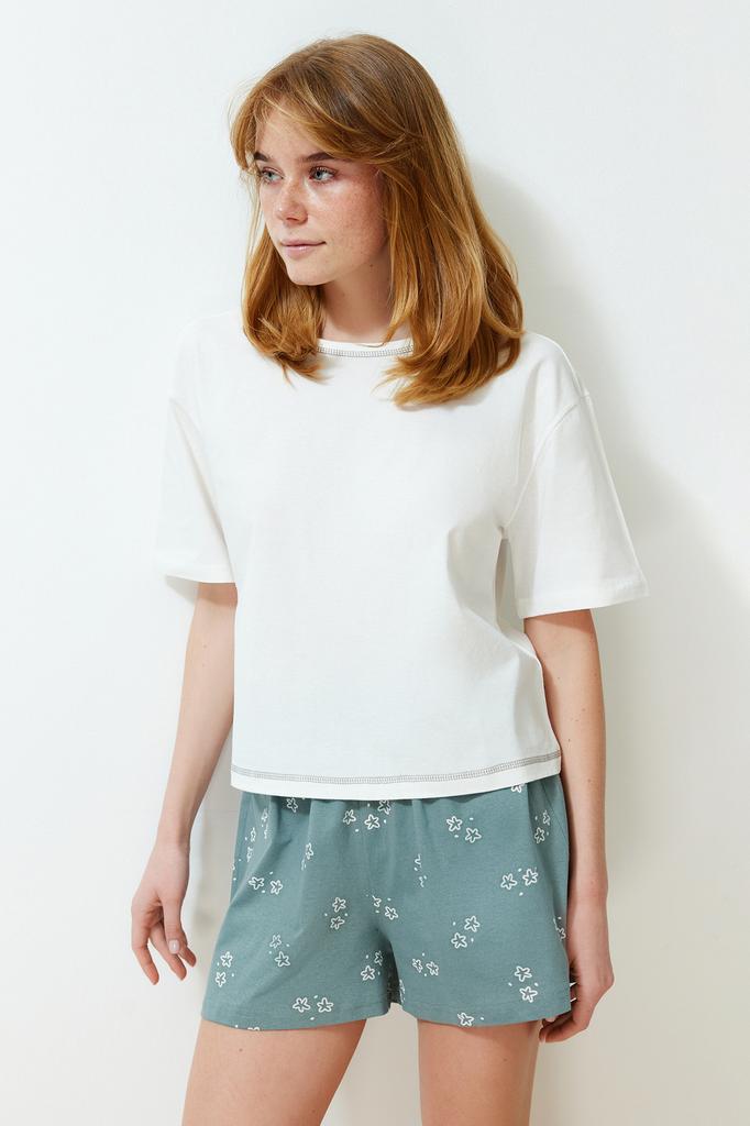 Women's Fashion New Pajama Set White 100% Cotton Geometric Patterned Knitted Pajama Set