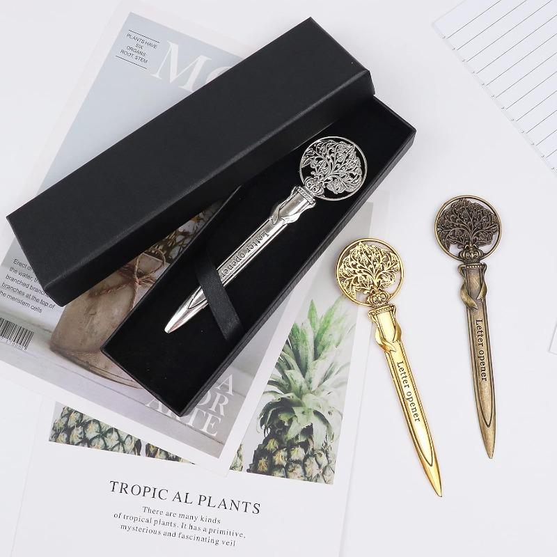 Vintage Metal Letter Opener Antique Pack of 3 Envelope Slitter with Gift Box Ancient Tree Shaped Mail Opener for Office Mail Supplies
