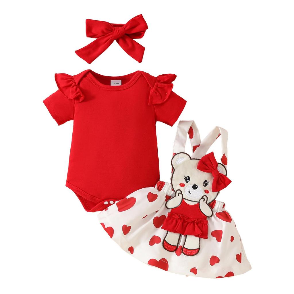 Sweet Cartoon Bear Baby Girl Summer Skirt Set - Includes Solid Color Short-Sleeved Top, Suspender Skirt, and Hairband.