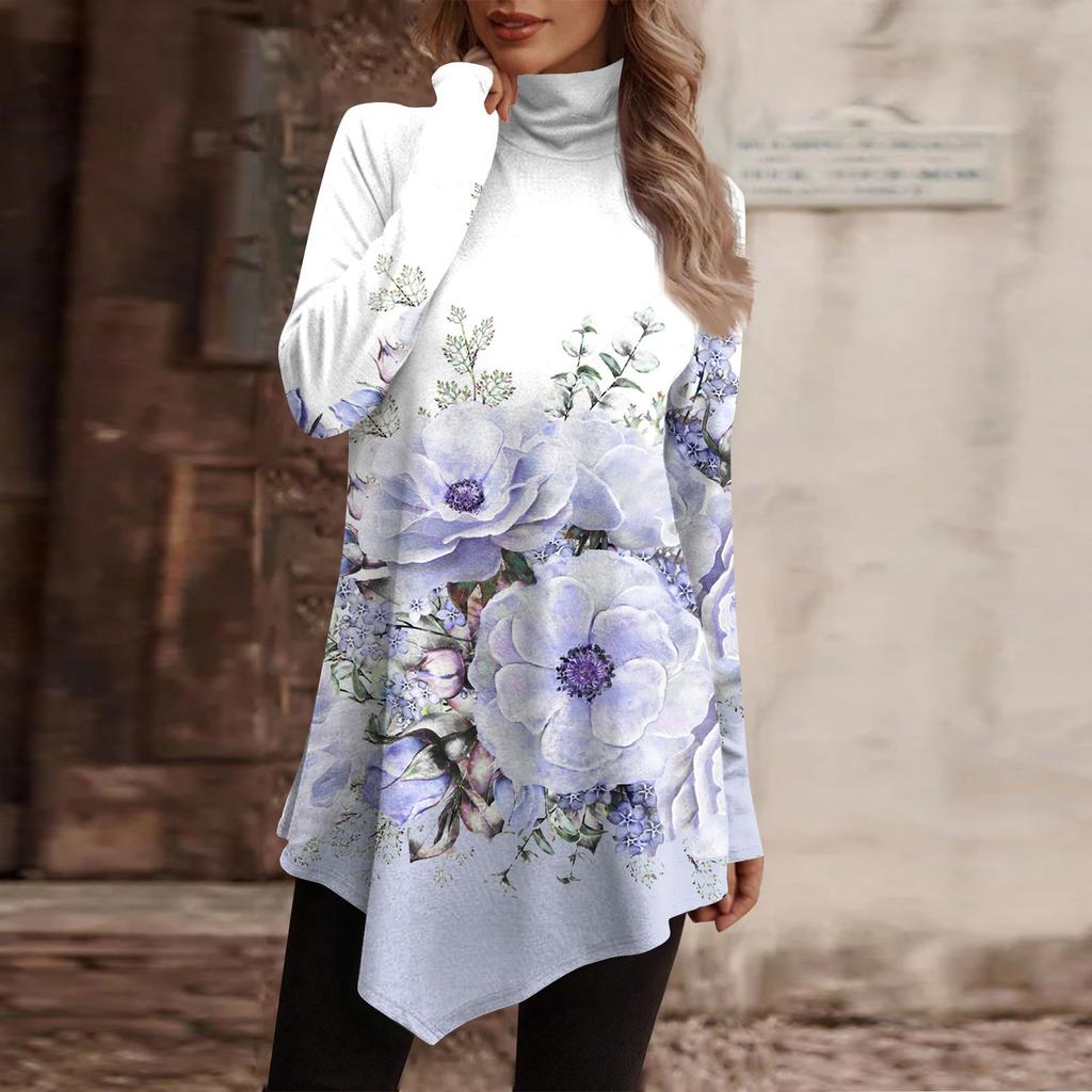 Casual Fashion Floral Print Shirt Tops High Neck Irregular Hem Long Sleeve Pullover Tops