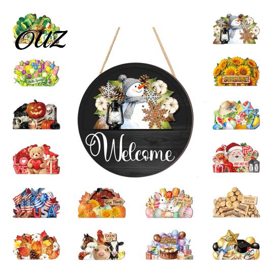 Housewarming Gift For New Home Interchangeable Seasonal Welcome Sign for Front Door, 12 Inch Round Wood Hanging Wall Art Garden with 15/16 Holiday
