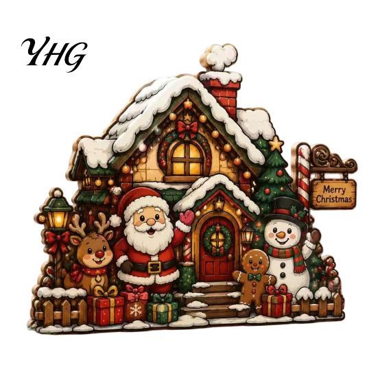 Rustic Winter Home Accents Christmas Wooden House Ornament, Santa Claus/Snowman/Elk Sleds/Winter Cabins Sturdy Wood Snowman Ornament Scene Figurines,