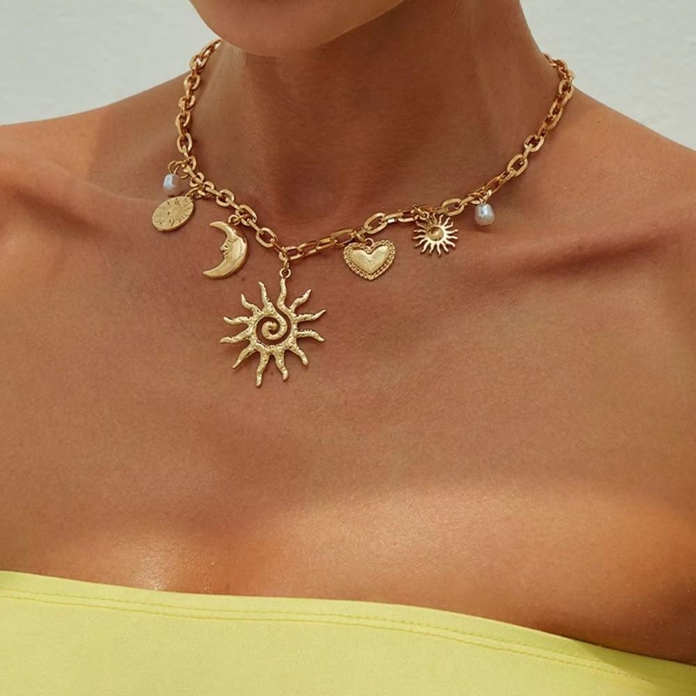 Heart Sun Moon Pendant Necklace Alloy Bridal Jewelry Vintage Chokers Necklace