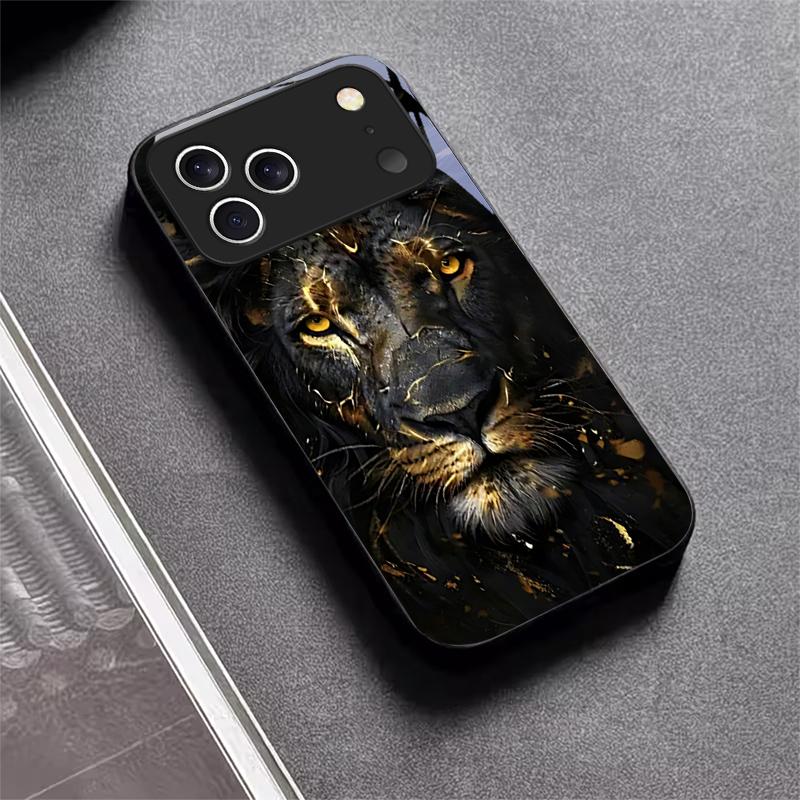 Чехол для телефона Apple Черный с Золотым Львом Для iPhone 17 16 15 14 13 12 Mini 11 Pro Max 17 Air 7 8 Plus XR X Стеклянная Задняя Крышка