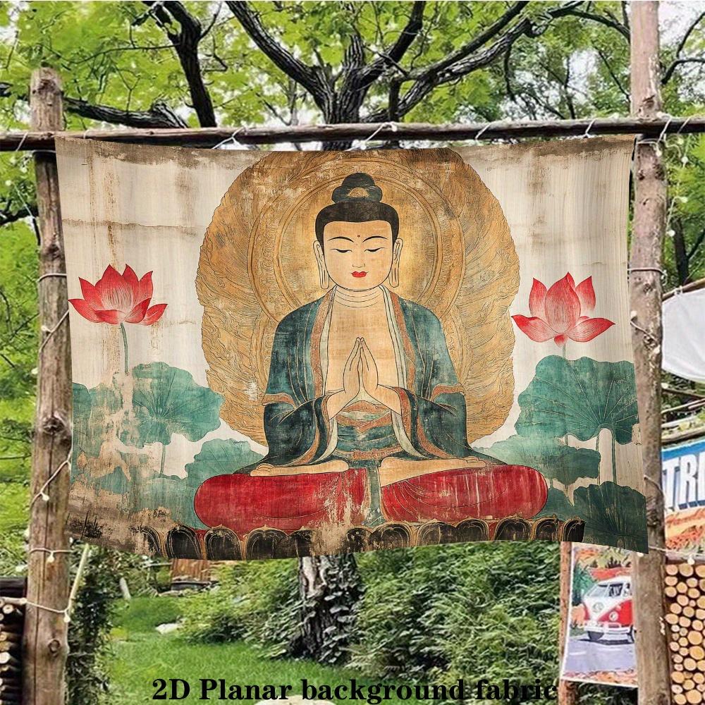 Vintage Zen Buddha Tapestry Dunhuang Style Lotus Meditation Wall Hanging for Tea Room Living Room Yoga Studio Decor
