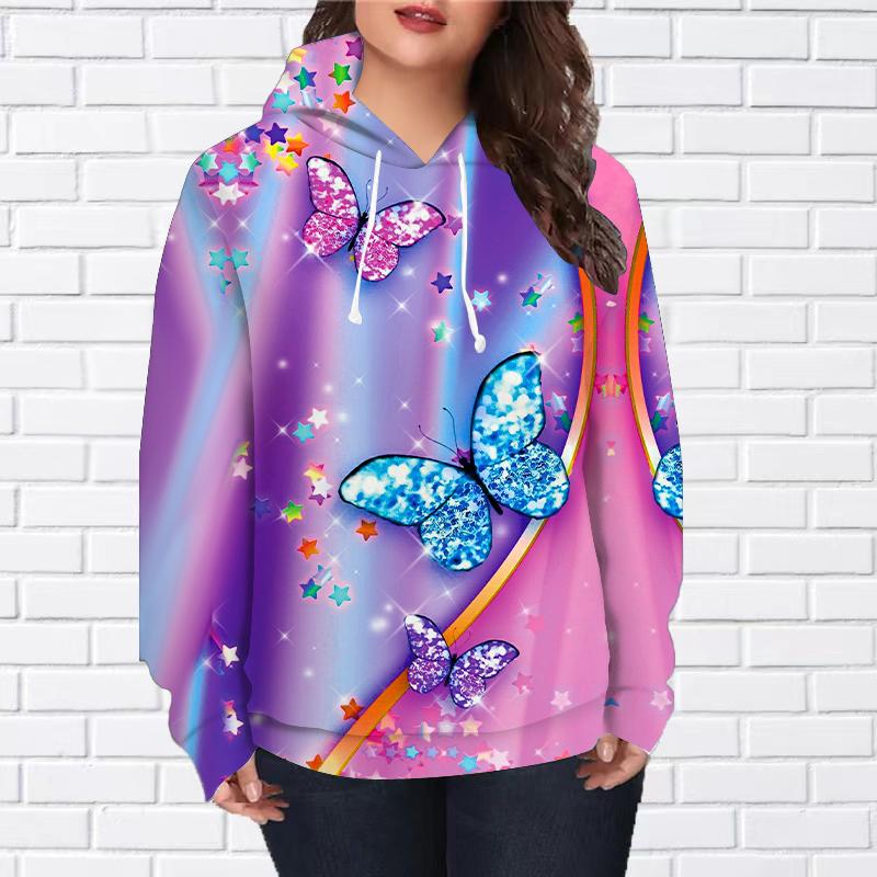 Женская мода розовый кристалл бабочка принт свободные толстовки топы блузка свитшот повседневный длинный рукав пуловер топы