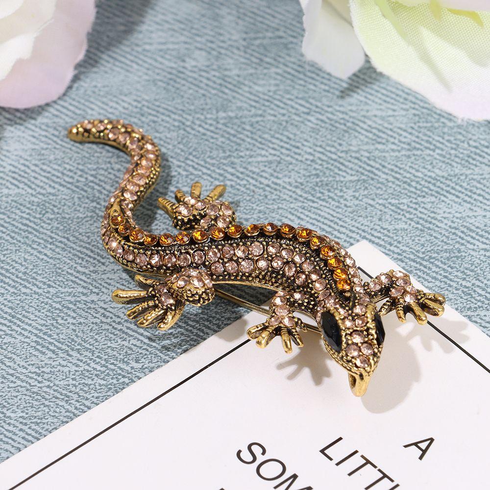Women Pin Bag Clothes Label Retro Lizard Gecko Brooch Animal Brooch Rhinestone
