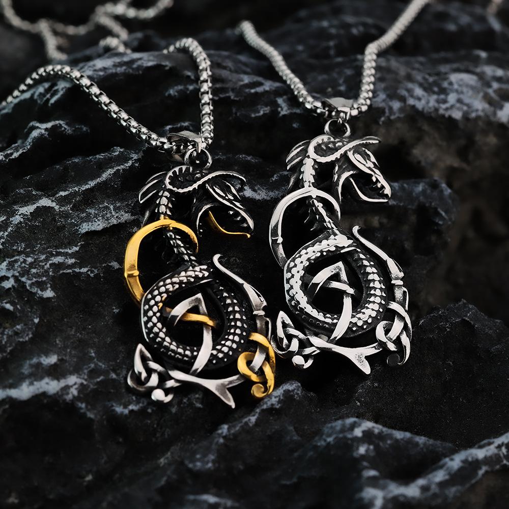 Viking Style Celtic Knot Dragon Pendant Stainless Steel Necklace For Men
