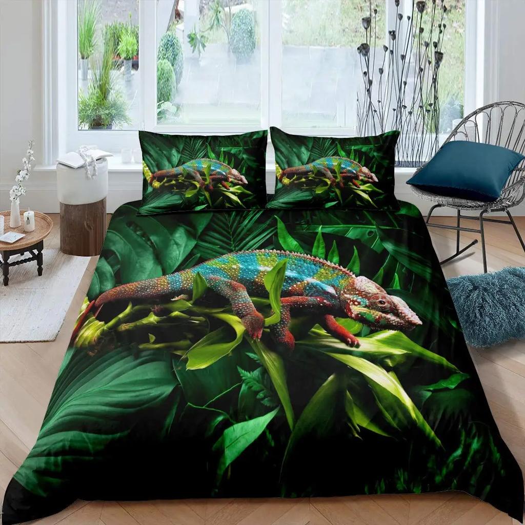 Chameleon Duvet Cover Set 3D Wild Animal Theme Twin Bedding Set Wildlife Comforter Cover Boys Green Leaf Polyester Quilt Cover