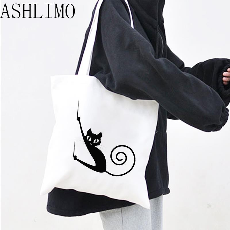 Женская сумка для покупок, милая черная забавная большая сумка с котом, складная сумка для покупок, дизайнерские сумки, сумка для покупок большой емкости с принтом