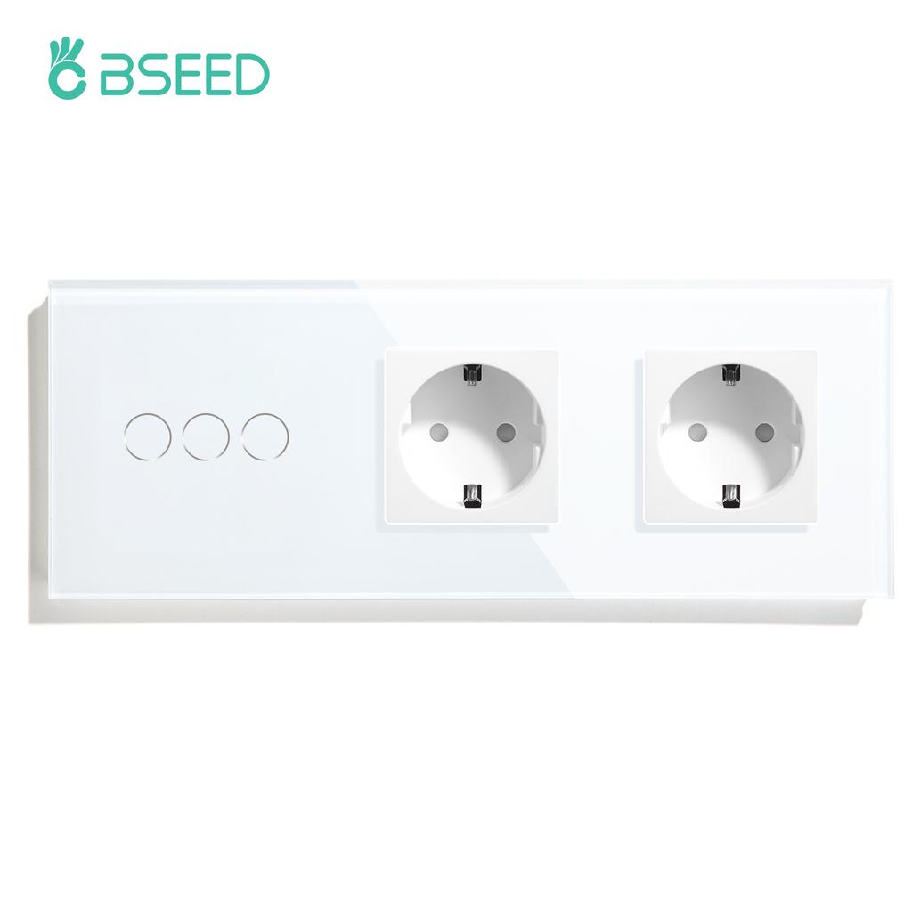 BSEED 1/2/3-клавишный сенсорный выключатель света 1/2/3-сторонний сенсорный выключатель для лестницы плюс настенная розетка, стандарт ЕС, стеклянная панель, синяя подсветка, 10А